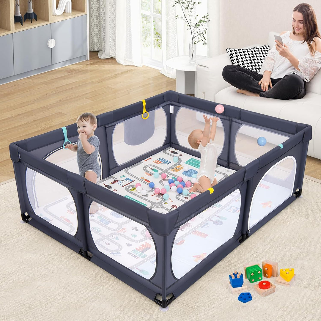 DREAMADE Laufstall Baby, 189 x 158 cm Laufgitter mit Matratze & 4 Zugringen & 50 Ocean Bällen & Trag