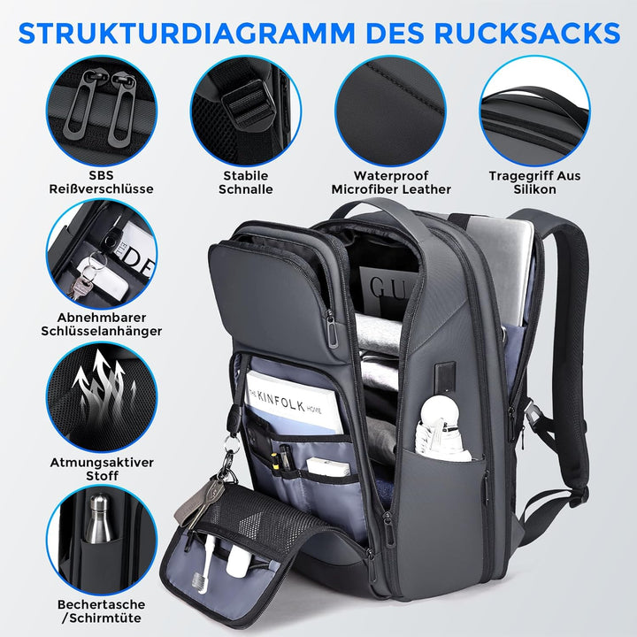 FENRUIEN Laptop rucksack/Laptoprucksack 17 Zoll 26-35L Erweiterbarer, Business & Reise-Backpack mit