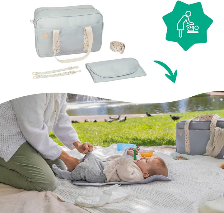Badabulle Wickeltasche Bowling Olive - Kinderwagentasche inklusive Wickelauflage Grau, Grau