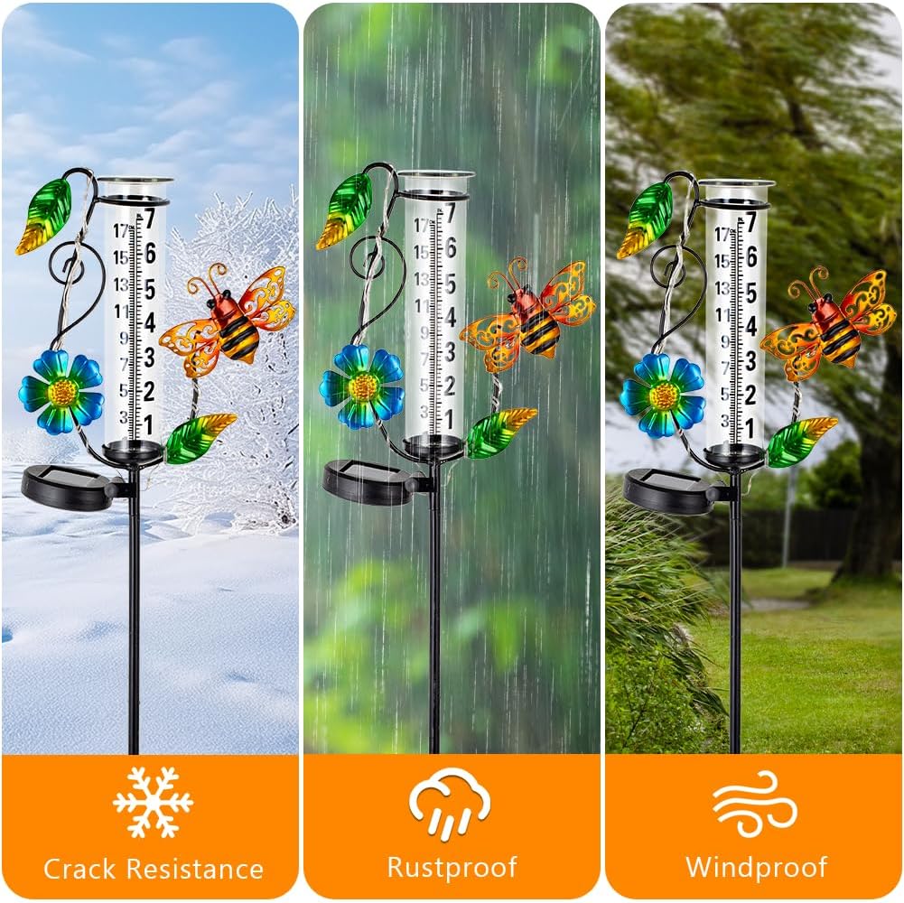 Regenmesser für den Aussenbereich, dekorativ, solarbetrieben, mit 17,8 cm Glasrohr, Wasser-Regenmess