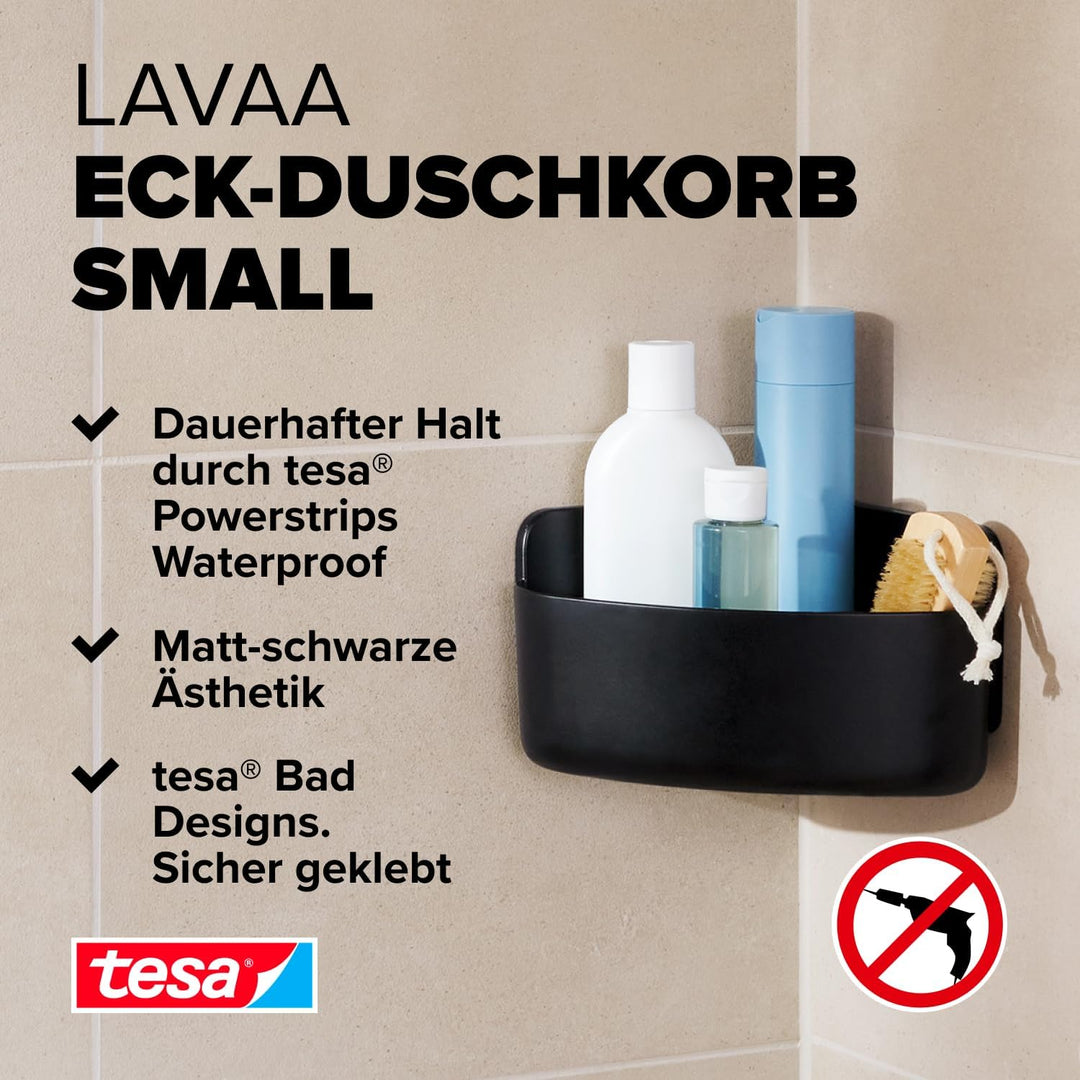 tesa Lavaa Eck-Duschkorb S, schwarz matt - Duschablage zur Wandmontage ohne Bohren, inkl. tesa Power