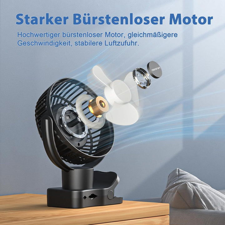 10000mAh USB Ventilator, Akku Camping Ventilator mit Fernbedienung, 360° Oszillation, Clip Ventilato