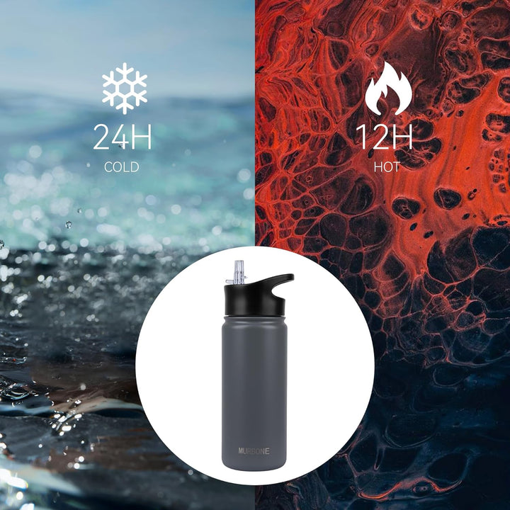 Edelstahl Trinkflasche 500ml (+2 Deckel)-mit Strohhalm,BPA frei,Thermosflasche Auslaufsicher,Kohlens