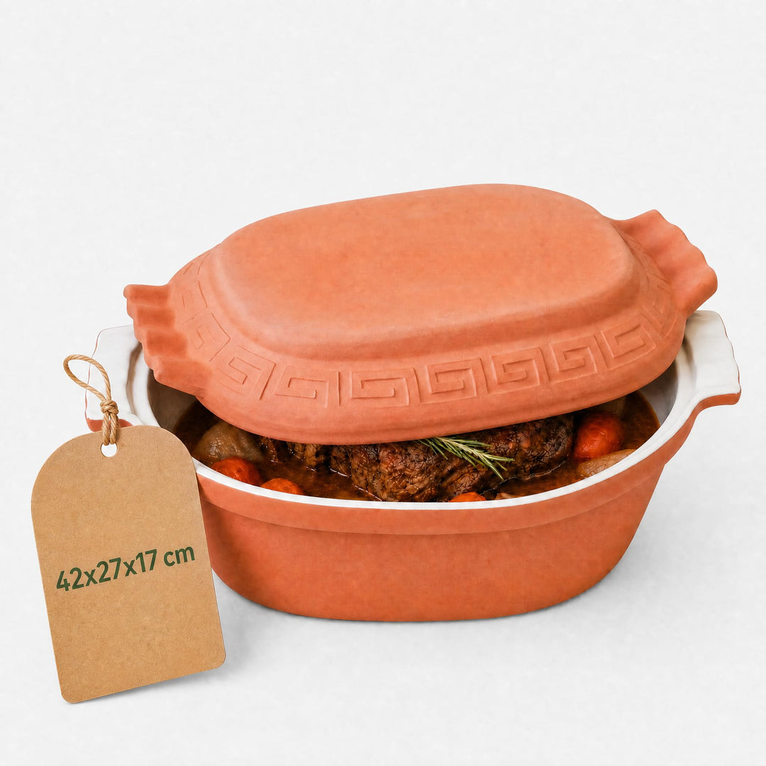 TerraStone Bräter oval mit Deckel, 42x27x17 cm, Terrakotta | Natürlicher Tonbräter für saftige Schmo