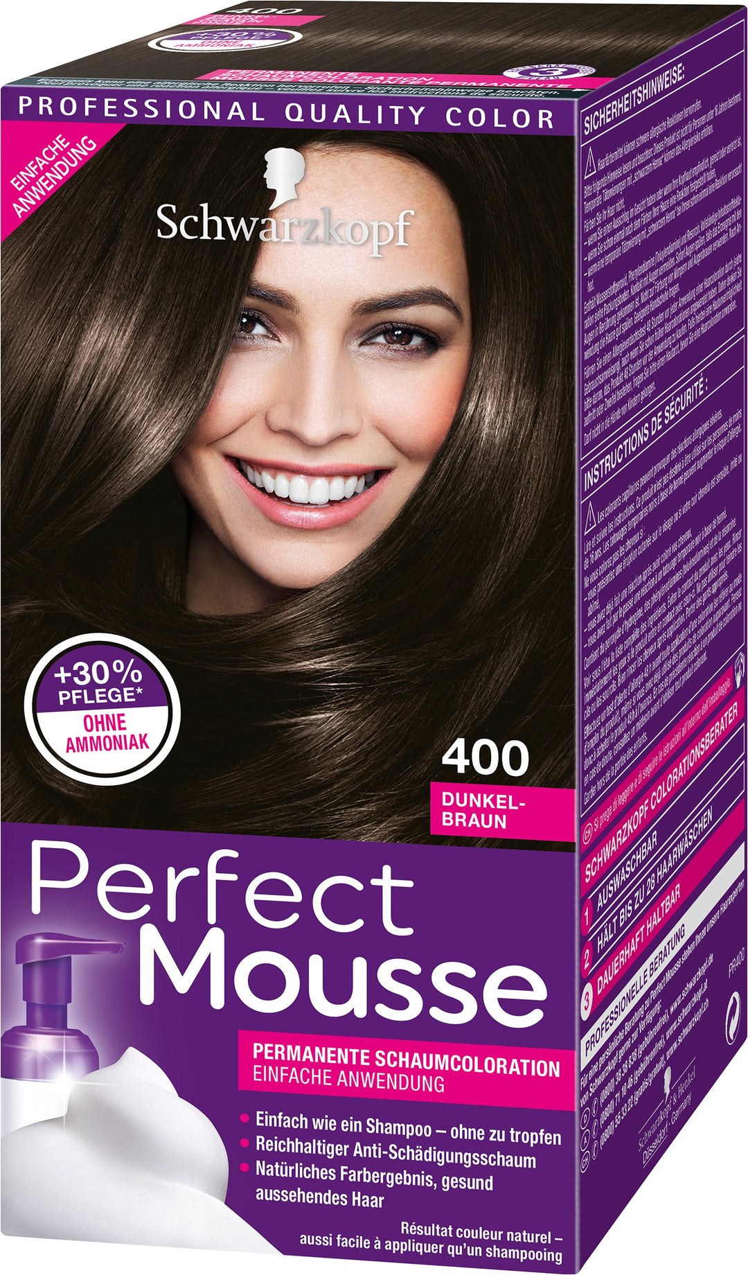 Schwarzkopf Perfect Mousse Permanente Schaumcoloration, 400 Dunkelbraun Stufe 3, 3er Pack (3 x 93 ml