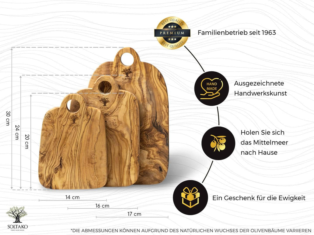 SOLTAKO massive 3er Set Olivenholzbretter Geschenkset Steakbrett aus Olivenholz für Feinschmecker, S
