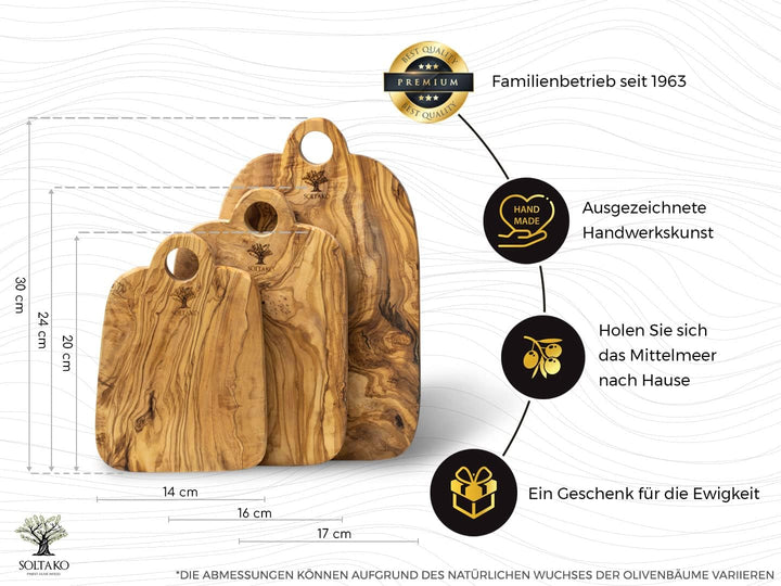SOLTAKO massive 3er Set Olivenholzbretter Geschenkset Steakbrett aus Olivenholz für Feinschmecker, S