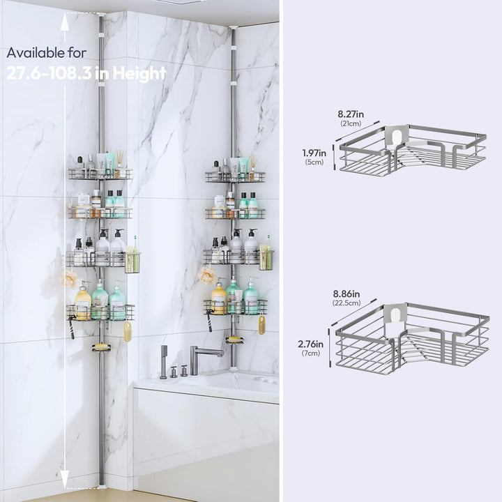 SWTYMIKI Duschregal Teleskop Dusche Teleskopstange - 4-Tier Teleskop Eckregal Dusche mit Seifenhalte