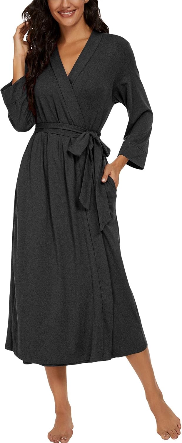 PrinStory Damen Bademantel Leichter 3/4 Ärmeln Morgenmantel V-Ausschnitt Kimono Roben Langes Nachtwä