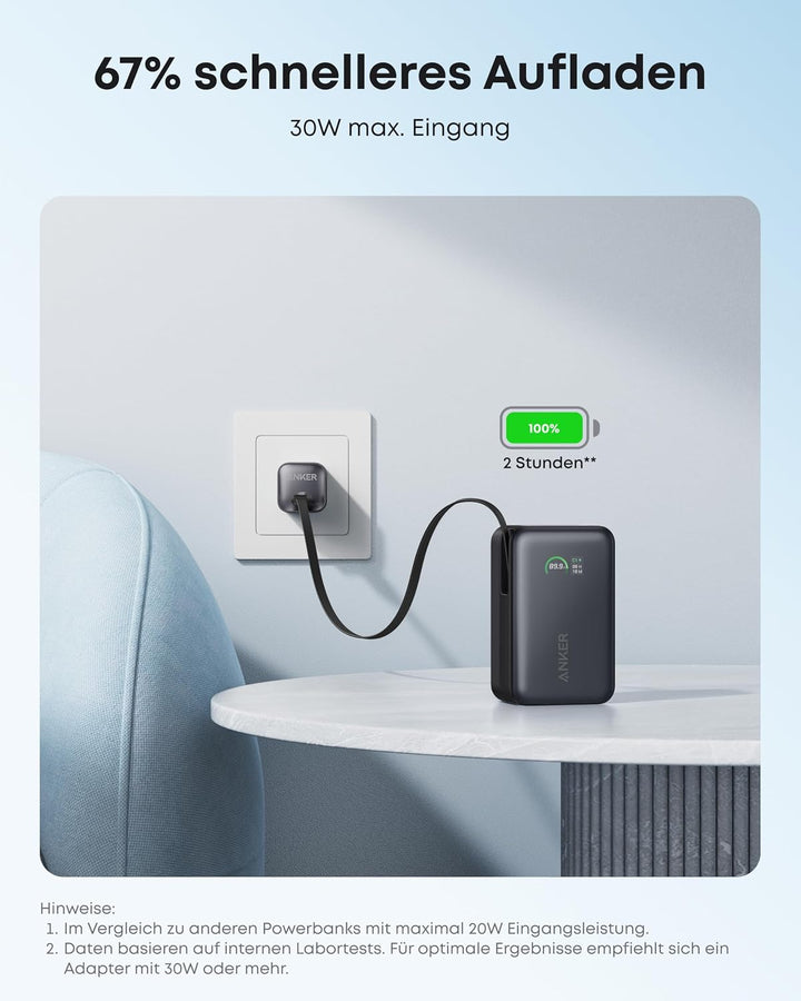 Anker Nano Powerbank,10.000mAh Externer Akku mit 70cm Anker InstaCord Einzugskabel, 45W Max Kompakte