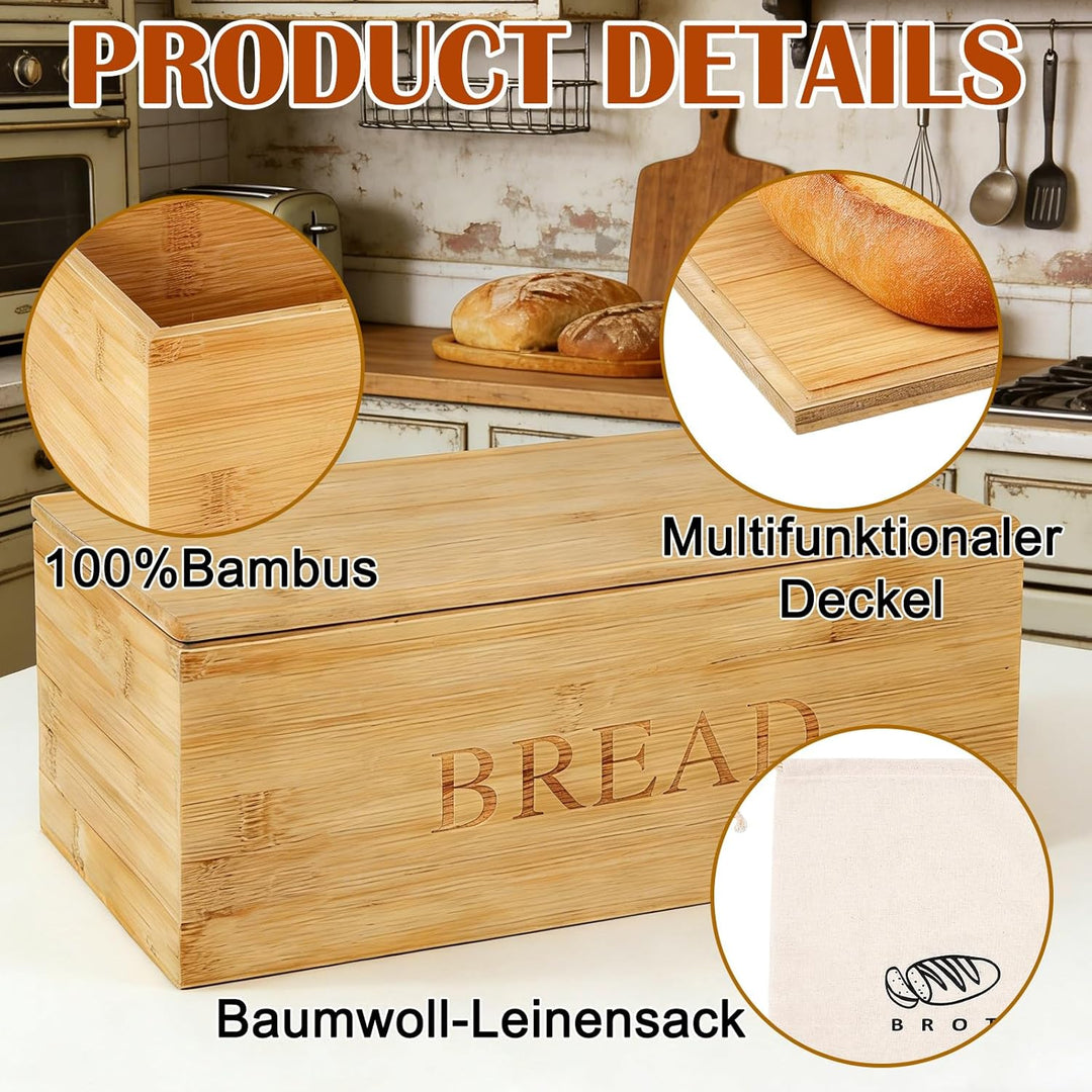 BAIFULAI Bambus Brotkasten: 33 x 19 x 13.5 cm Brotbox mit Leinenbeutel und mit Holzdeckel als Schnei