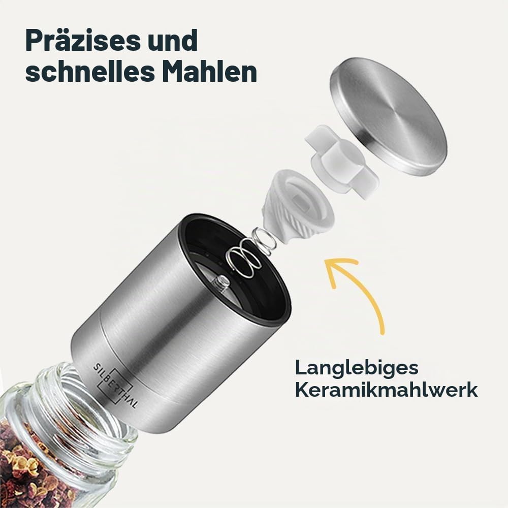 SILBERTHAL Gewürzmühlen 4er Set - verstellbares Keramikmahlwerk - Aromadicht - Salz- &amp; Pfeffermühlen