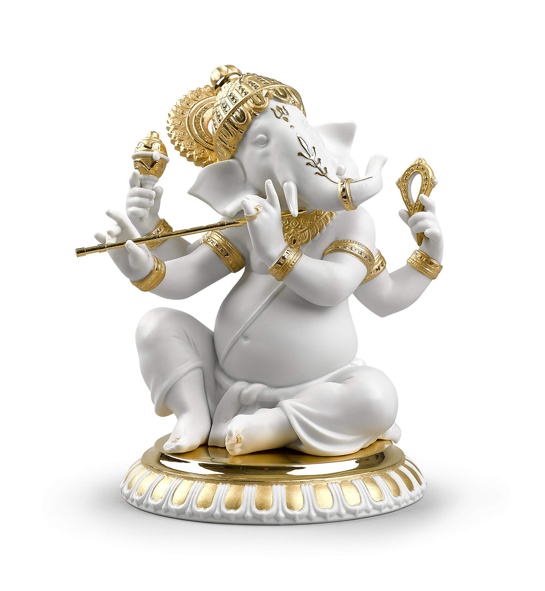 LLADRÓ Figur Ganesha Mit Bansuri. Gold. Ganesha Mit Bansuri. Porzellan.