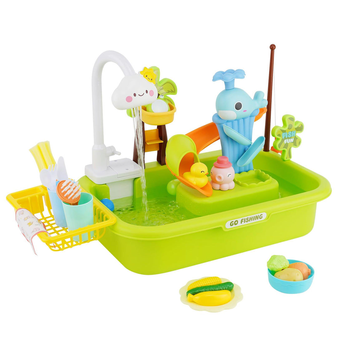 Küchenspüle Spielzeug Set, Spielzeugzubehör für die Spielküche mit Angelspiel und Küchenzubehör, Küc