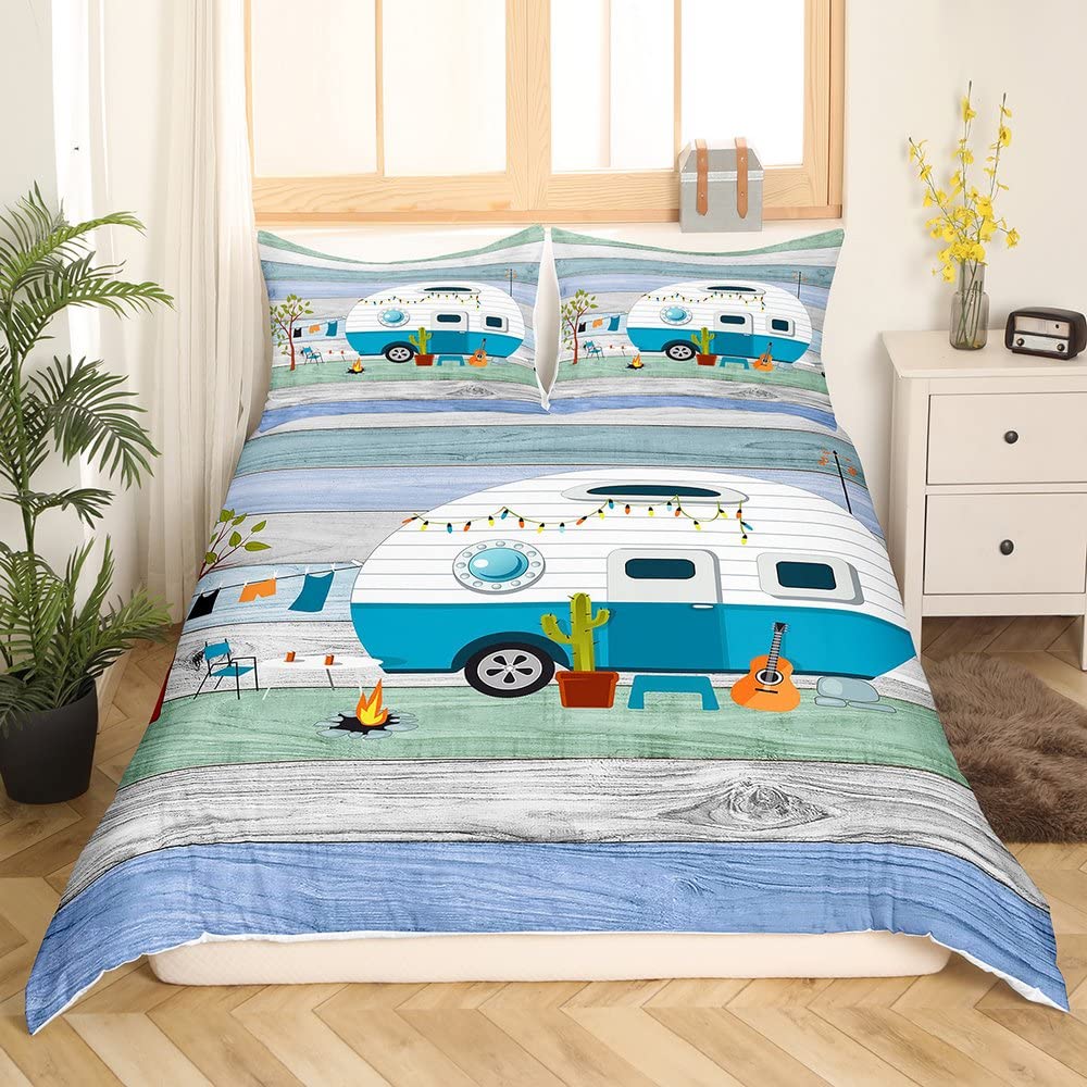 Camping Bettbezug 155 x 220 cm rustikales Camper Bettwäsche Set für Kinder Jungen Mädchen Kinder Ges