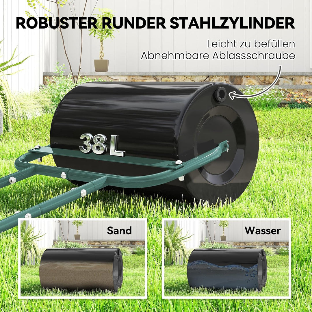 Outsunny Rasenwalze Gartenwalze befüllbar mit Wasser oder Sand, 50cm Breite Handwalze mit U-Griff, 3