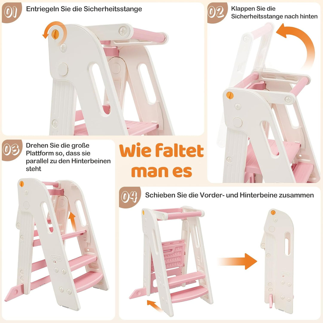 Onasti Lernturm für Kinder mit Sicherheitsgeländer, Lernturm Klappbar, Höhenverstellbar, Learning To