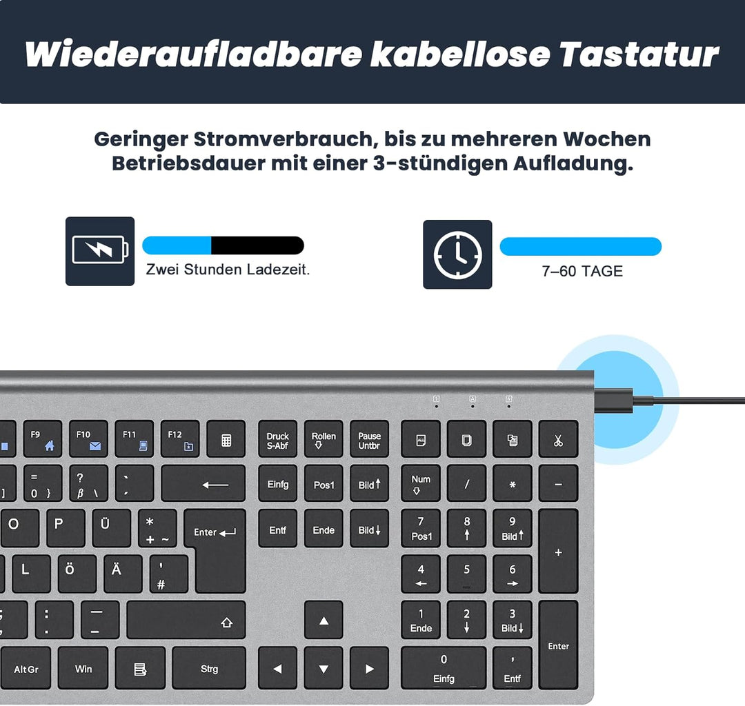 cimetech Kabellose Tastatur Kabellos Deutsches QWERTZ Layout Wireless Keyboard Wiederaufladbare Full