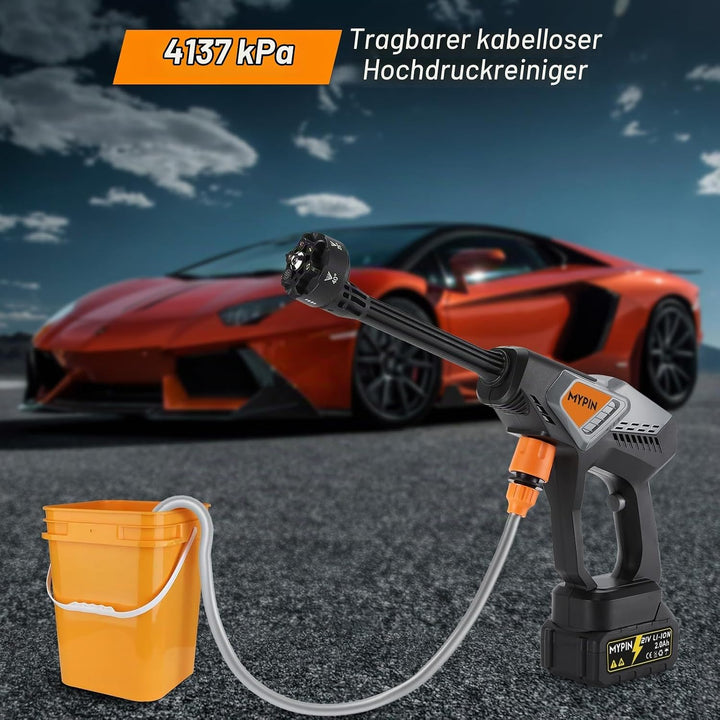 MYPIN Tragbarer Kabelloser Hochdruckreiniger, 600 PSI 21V Akku-Hochdruckreiniger, 6-in-1-Düse mit 2