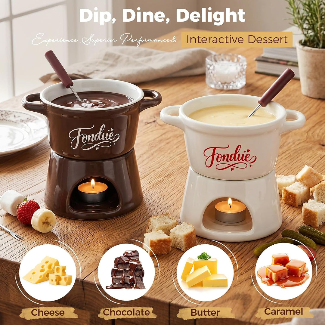 Yoassi 2 Stück Keramik Käsefondue Set, Mini Schokoladenfondue Tasse, Käsebecher mit 8 Gabeln, Schmel
