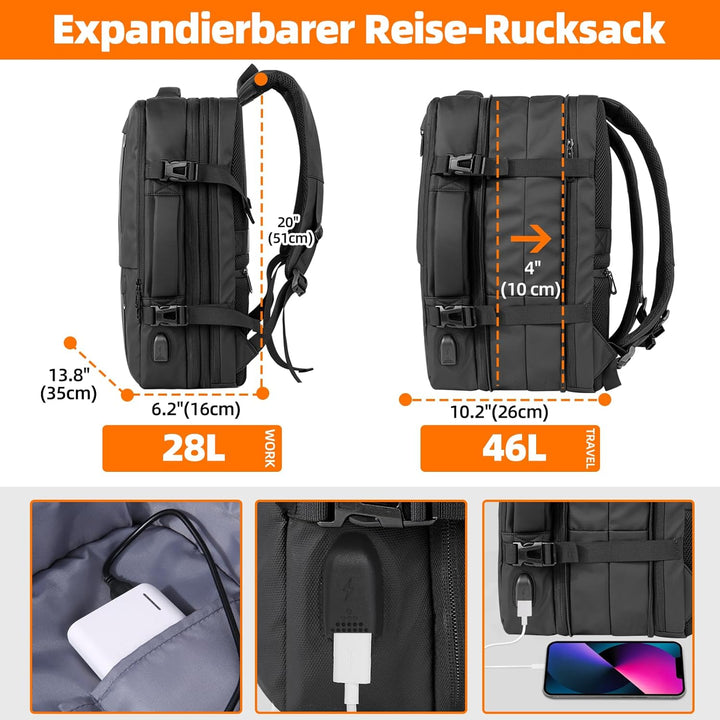KINGSLONG Handgepäck Rucksack Vakuum 40L Laptop Rucksack 19 Zoll Herren Damen Flugzeug Erweiterbar W