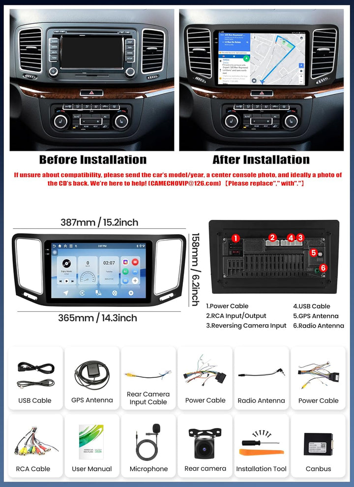 CAMECHO 4G+128G Android 15 Autoradio für VW Sharan 2012-2015 mit Carplay Android Auto,9-Zoll HD Touc
