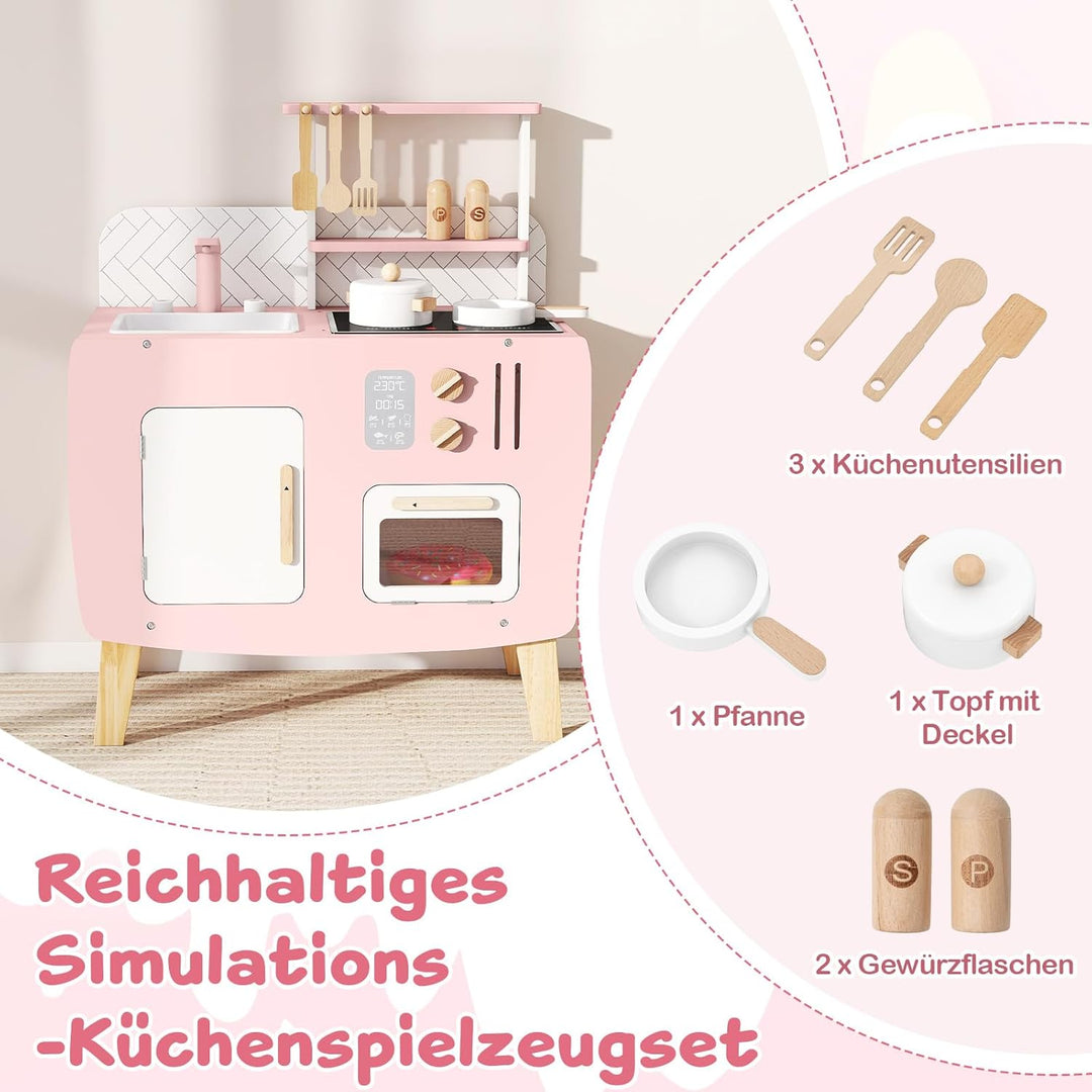 COSTWAY Kinderküche Holz, Spielküche mit Herd, Spüle, Wasserhahn & Ofen, Mini Küche mit Kochgeschirr