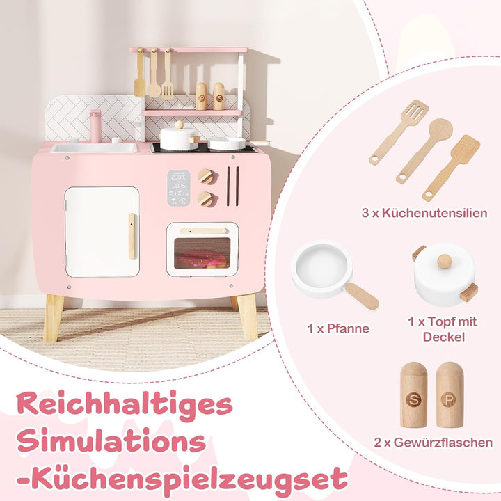 COSTWAY Kinderküche Holz, Spielküche mit Herd, Spüle, Wasserhahn & Ofen, Mini Küche mit Kochgeschirr