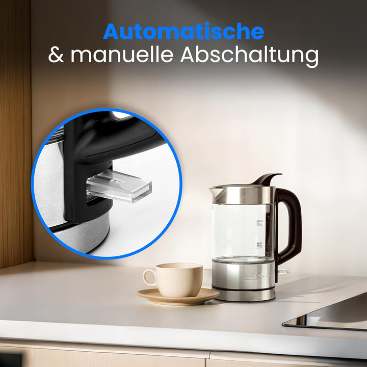 ProfiCook Wasserkocher Edelstahl beleuchtet, 0,5 Liter Mini Wasserkocher mit blauer Beleuchtung, Tee