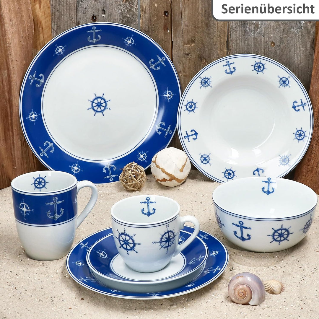MamboCat 6er Set AHOI Suppenteller I 180ml I blau-weisse Porzellan-Teller mit nautischen Motiven für