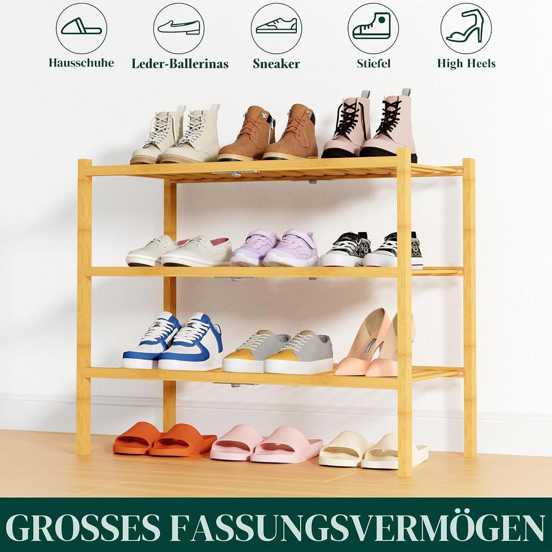 smiry Schuhregal mit 3 Ebenen, Platzsparende Schuhablage, Stapelbar Schuhorganizer, Bambus Regal für
