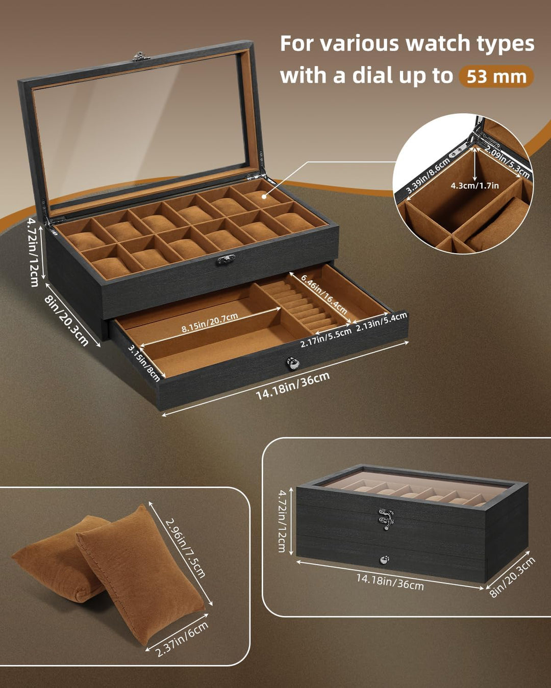 Uten Uhrenbox mit 12 Fächern, 2 Ebenen Uhrenkasten aus Massivholz mit Glasdeckel, Uhrenkissen Seiden