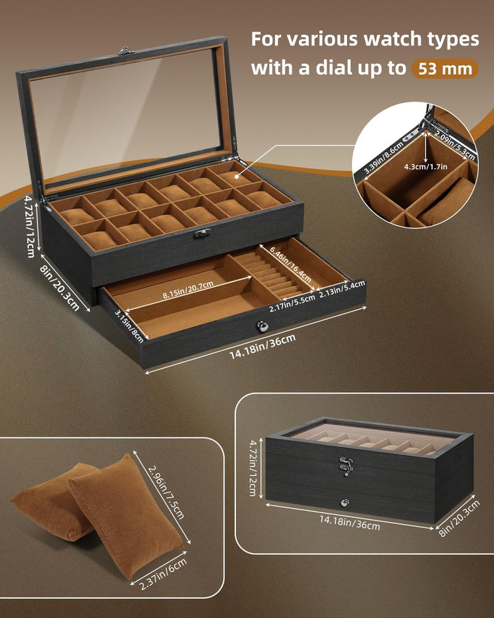 Uten Uhrenbox mit 12 Fächern, 2 Ebenen Uhrenkasten aus Massivholz mit Glasdeckel, Uhrenkissen Seiden