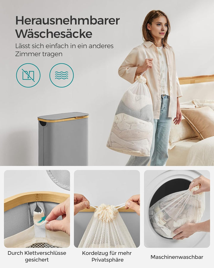 SONGMICS Wäschekorb mit Deckel, Wäschesammler 65 L, platzsparend, herausnehmbarer Wäschesack, Oxford