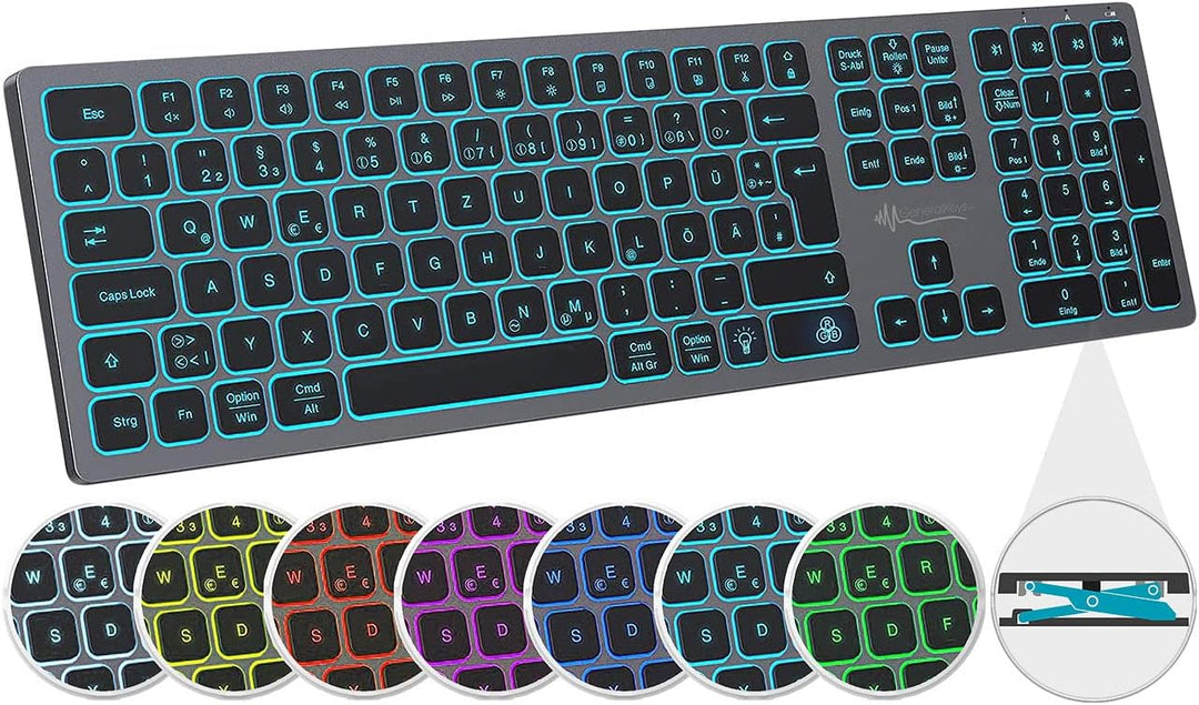 GeneralKeys Tastatur beleuchtet: Funk-Tastatur, farbige Beleuchtung, Slim, Scissor-Tasten, Akku, 2,4