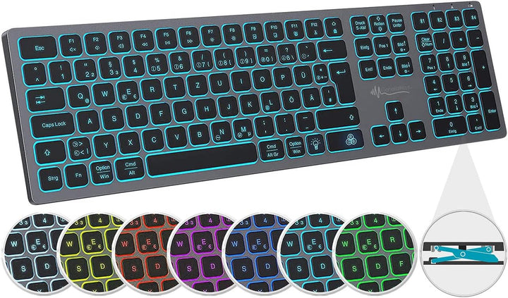 GeneralKeys Tastatur beleuchtet: Funk-Tastatur, farbige Beleuchtung, Slim, Scissor-Tasten, Akku, 2,4