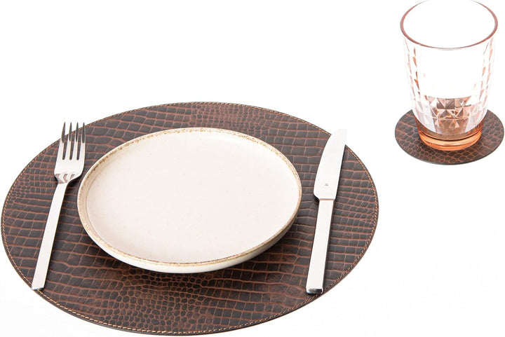 Nikalaz Rund Platzsets und Untersetzer aus recyceltem Leder, 4 Stück Platzdeckchen 33 cm und 4 Unter