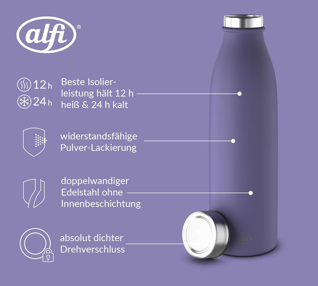 alfi PURE BOTTLE Isolierflasche 0,50 l, 24 h kalt, iris bloom mat | 12 h heiss, Kohlensäurefest, aus
