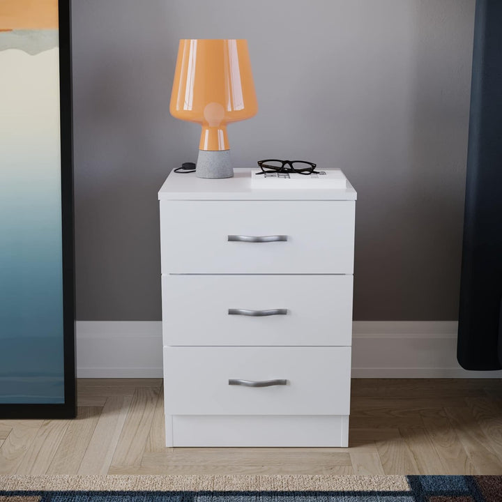 Vida Designs Schrank, weiss, 3 Schubladen, Nachttisch, Metallgriffe und -schienen, silberfarben, 47