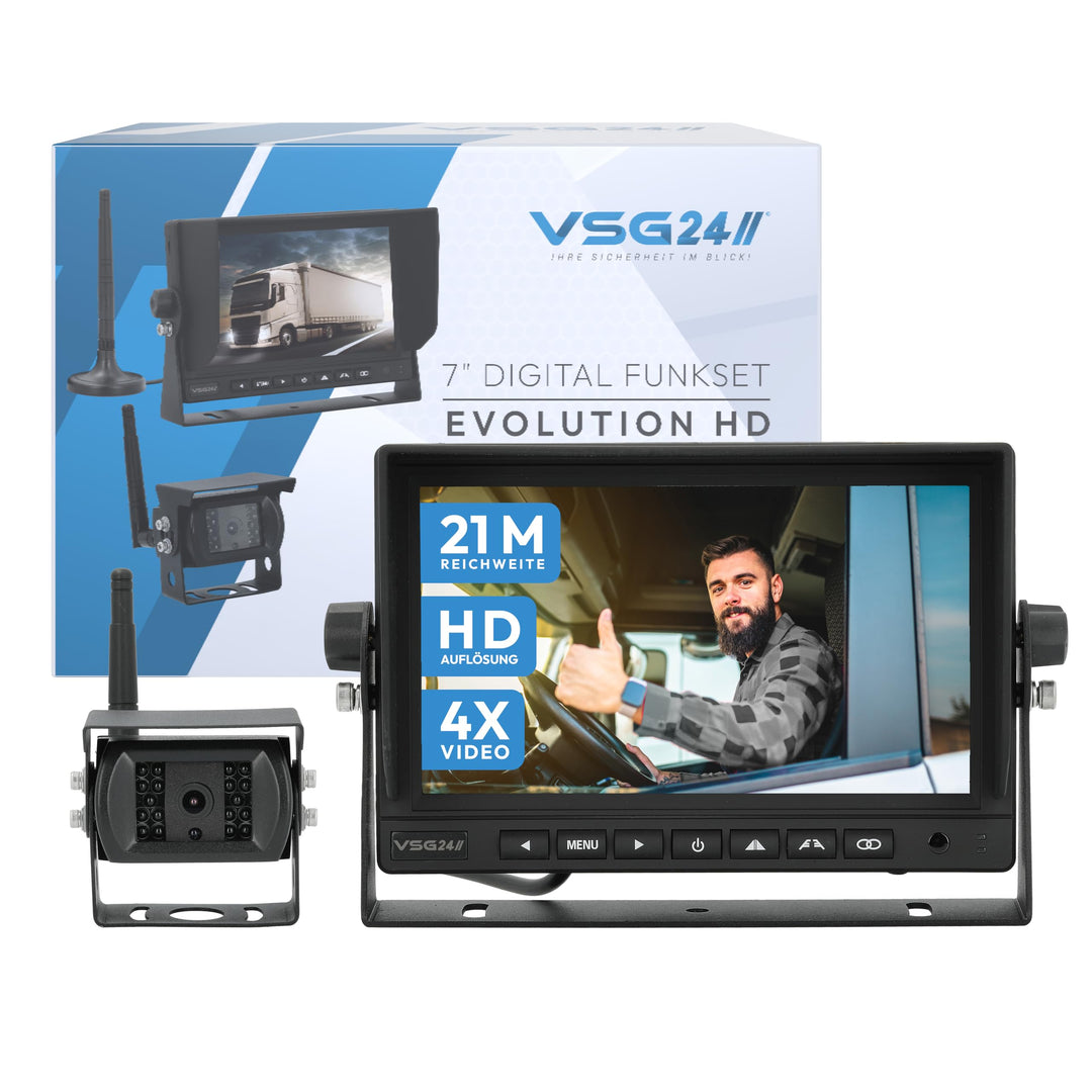 VSG24 7“ Evolution HD Funk Rückfahrsystem für Wohnmobil &amp; LKW, KFZ Set kabellos inkl. Rückfahrkamera