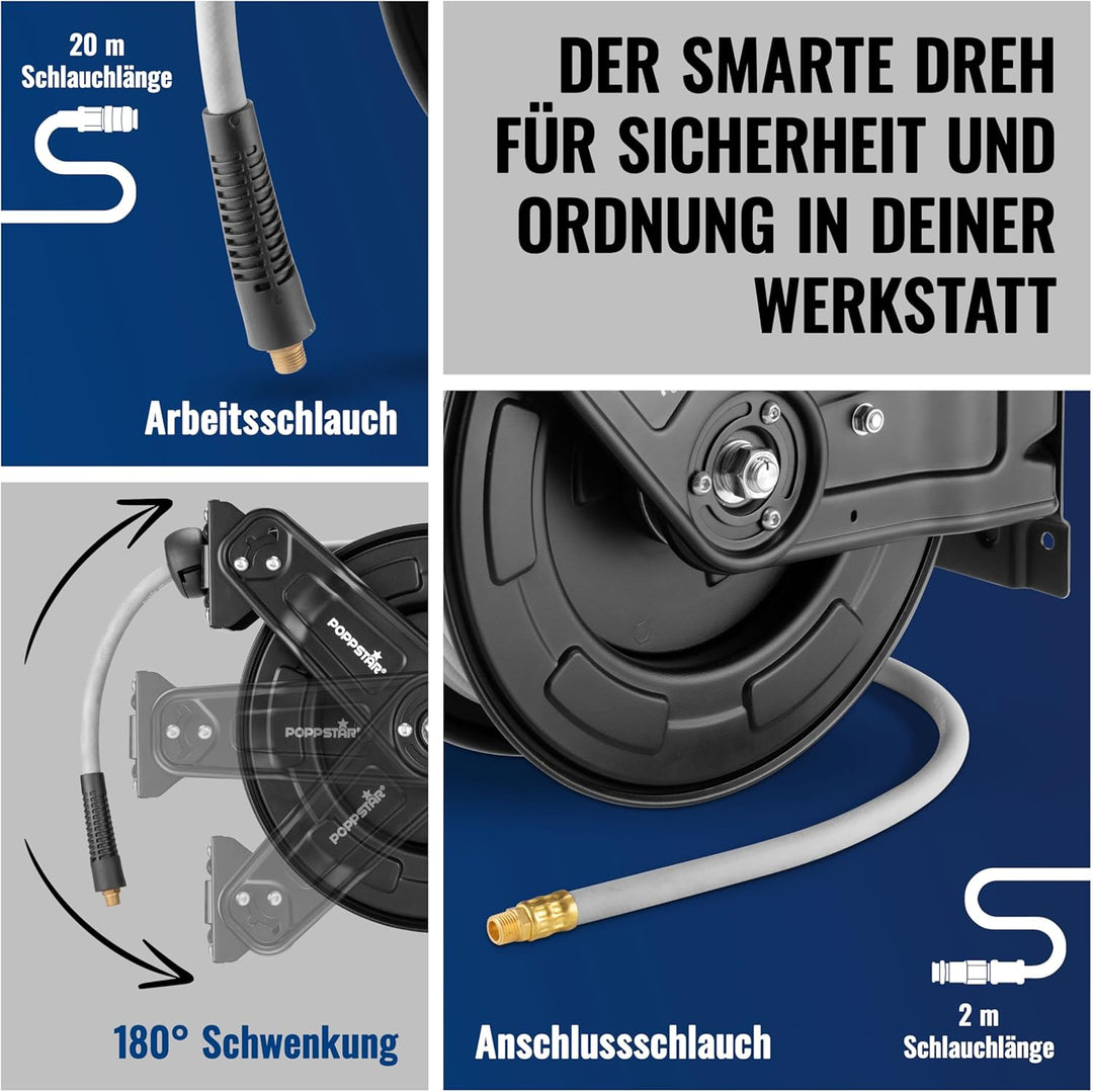 Poppstar Druckluftschlauchtrommel aus Stahl (20m+2m, Durchmesser (9,2x15mm)), Anschlüsse 1/4 Zoll BS
