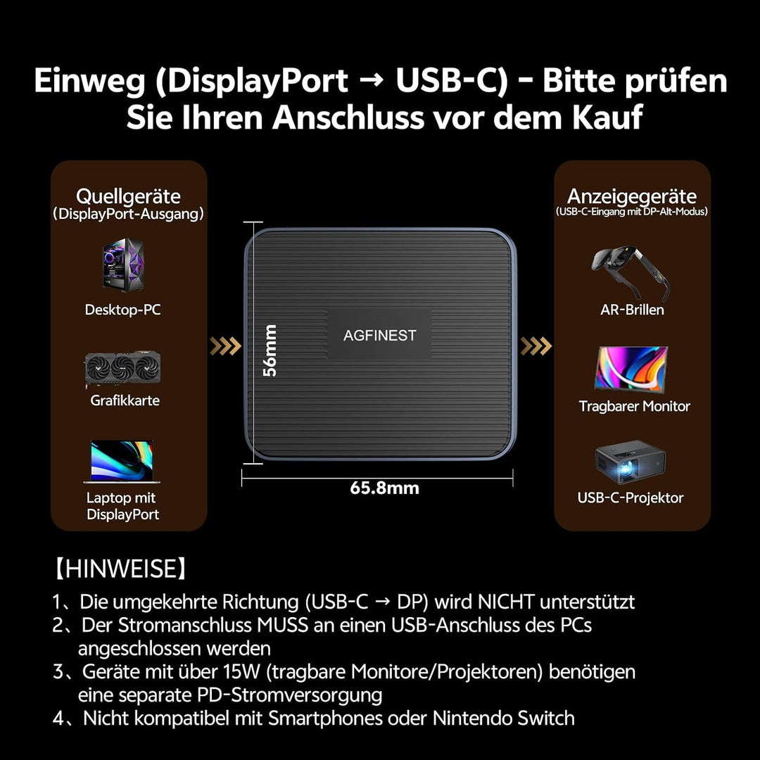 DisplayPort 1.4 auf USB-C Adapter, 4K@120Hz 2K@240Hz HDR 10-Bit, Unidirektional Konverter mit 3-Port