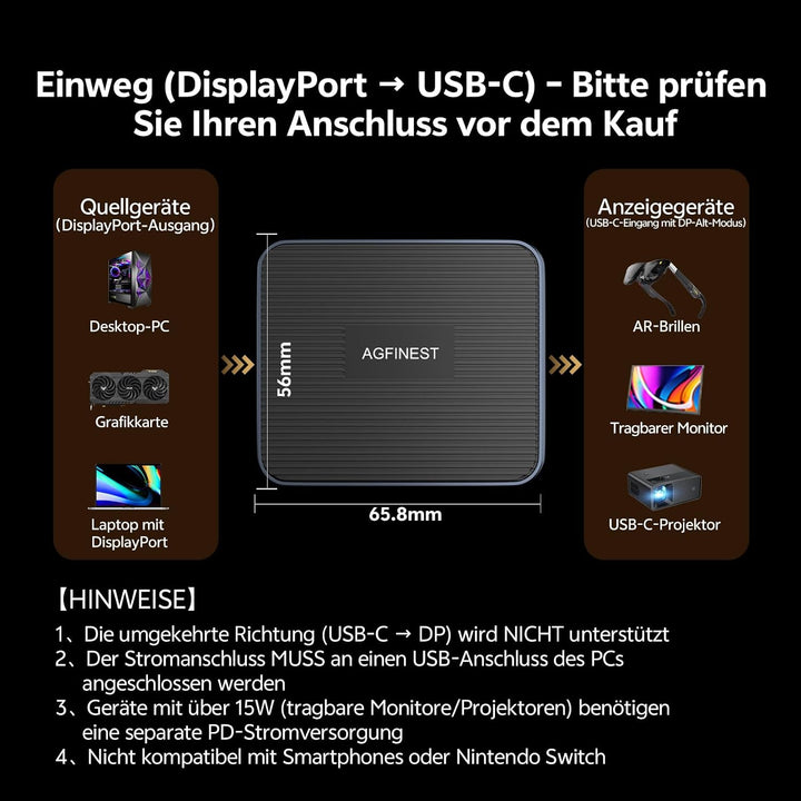 DisplayPort 1.4 auf USB-C Adapter, 4K@120Hz 2K@240Hz HDR 10-Bit, Unidirektional Konverter mit 3-Port
