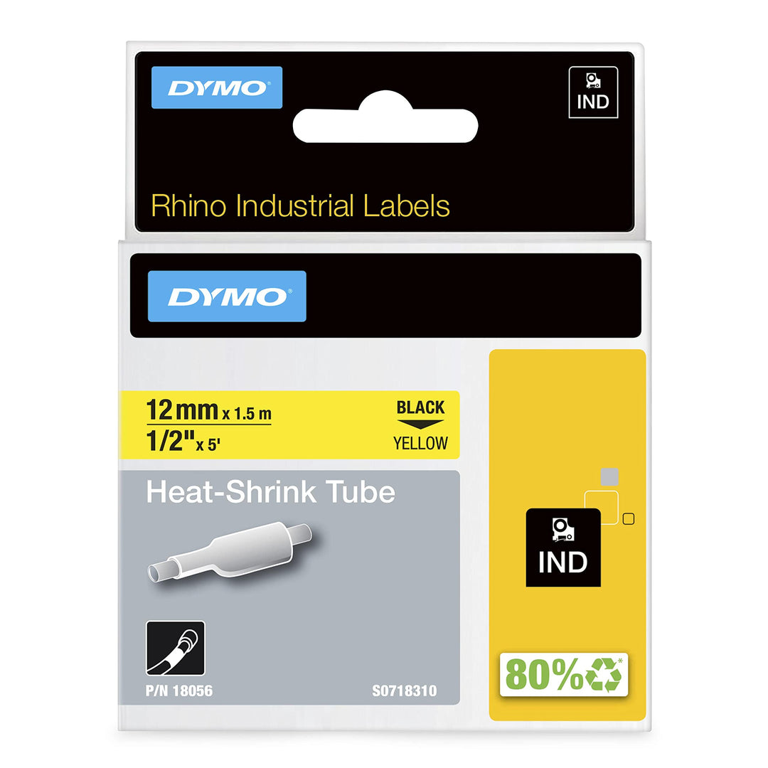 DYMO Rhino Industrie Schrumpfschlauch-Kabeletiketten | 12 mm, 1,5 m | Schwarz auf gelb | für DYMO Rh