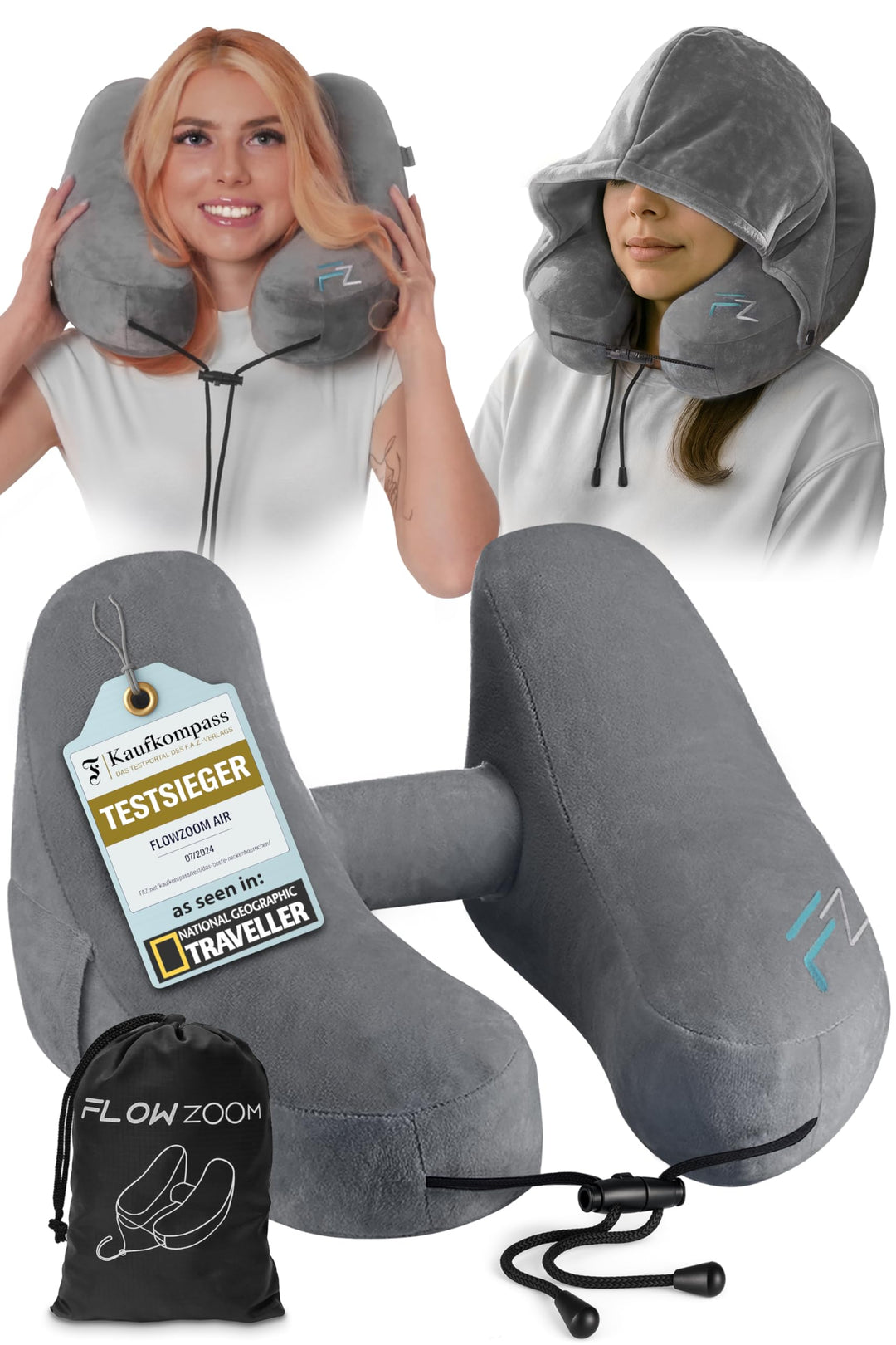 FLOWZOOM Air Nackenkissen Flugzeug in H-Design, Reisekissen für 5 Schlafpositionen, schnell aufblasb