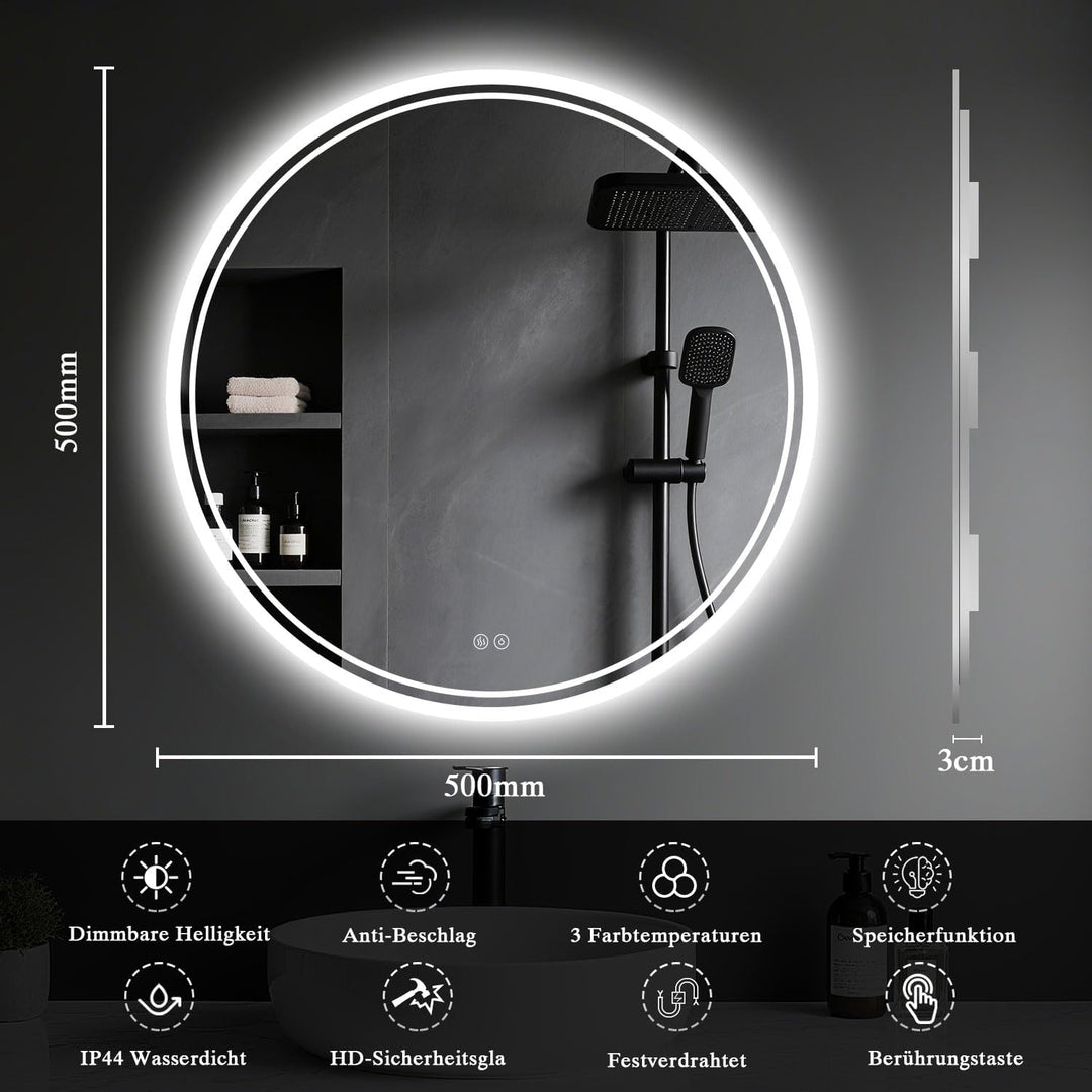 Badspiegel mit Beleuchtung - Badezimmer-Spiegel-LED mit Beschlagfrei, Touch-Schalter, Dimmbar, 3 Lic