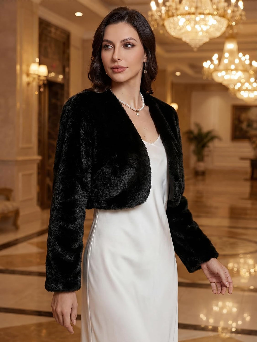 Allegra K Damen Bolero Langarm Braut Winterjacke Kurz Geschnittene Offenem Fell Kunstpelz Hochzeits