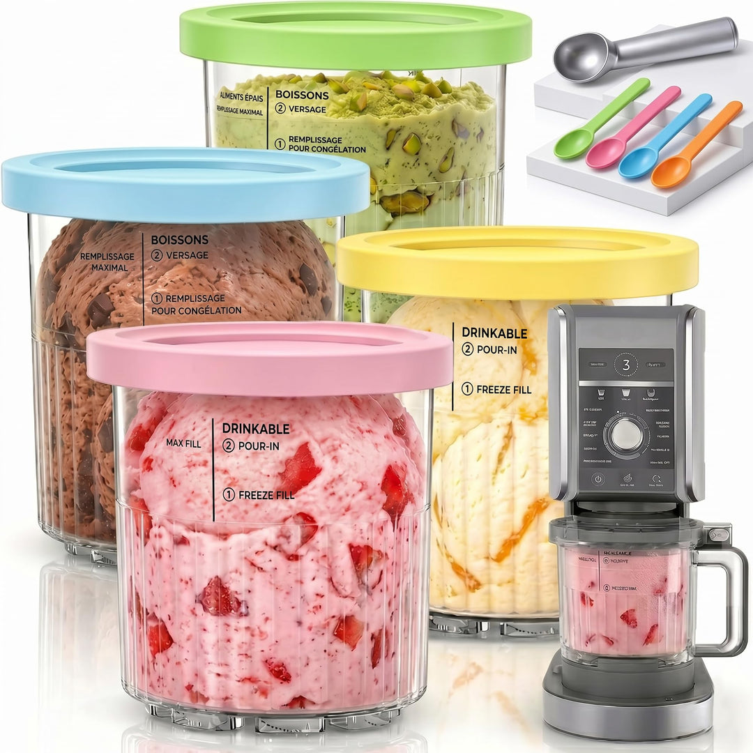 4er Behälter Set für Ninja CREAMi Deluxe, 24oz Ice Cream Pints mit bunten Deckeln, inklusive 4 Mini-