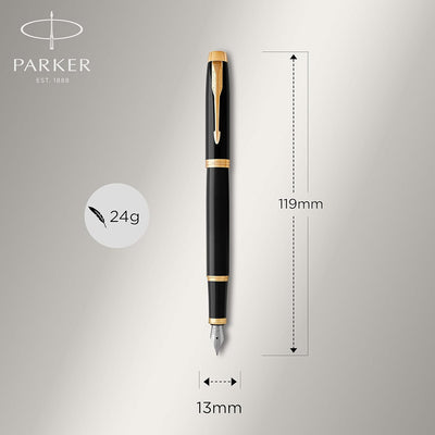 Parker IM Füller | schwarze Lackierung mit Goldzierteilen | Füllfederhalter mit feiner Feder | blaue