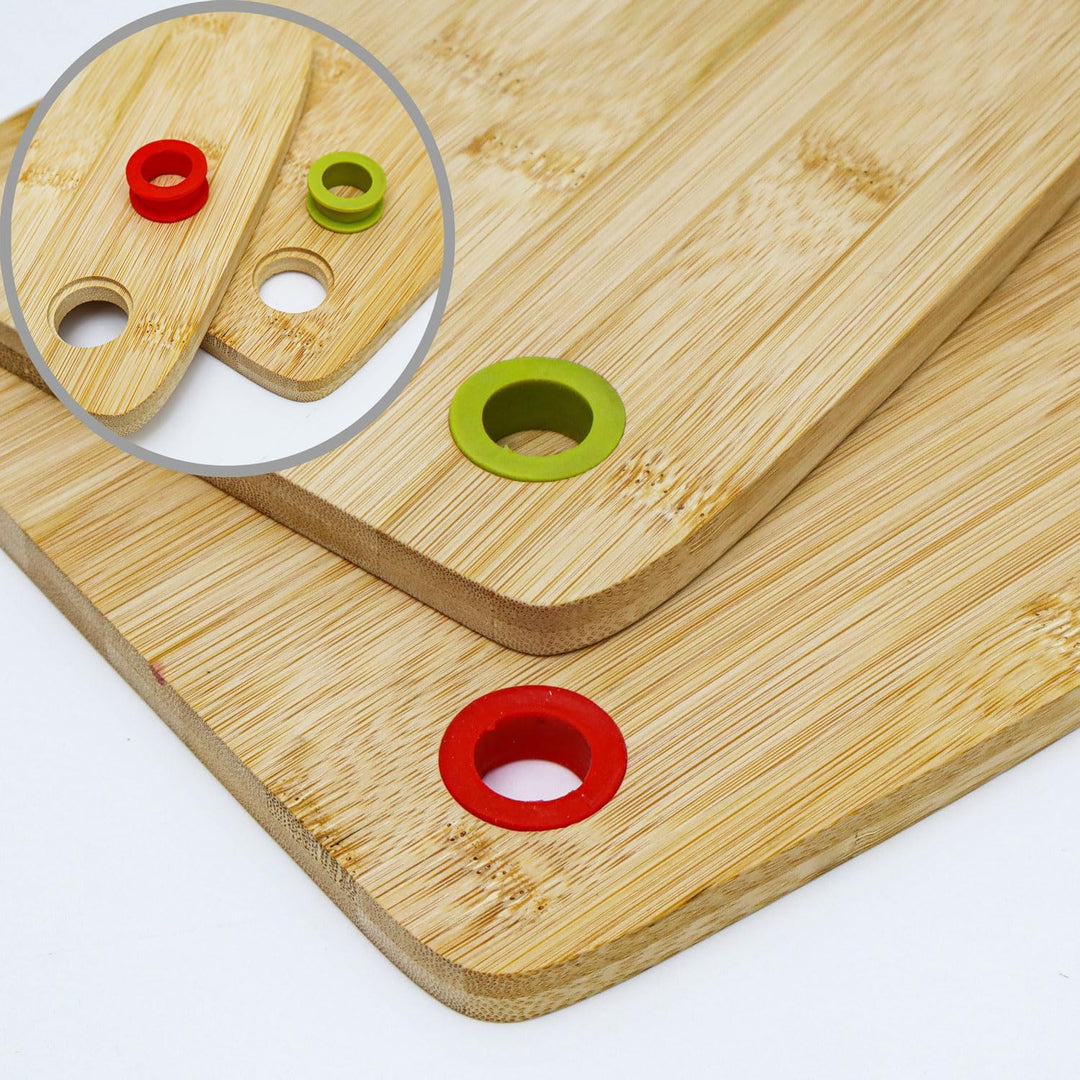 DuneDesign Massiv & Beständig: Farbcodiertes Schneidebrett Bambus 2er Set - 30x22cm Antibakterielles
